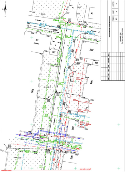 Фрагмент топографического плана с нанесенными подземными  инженерными сетями.